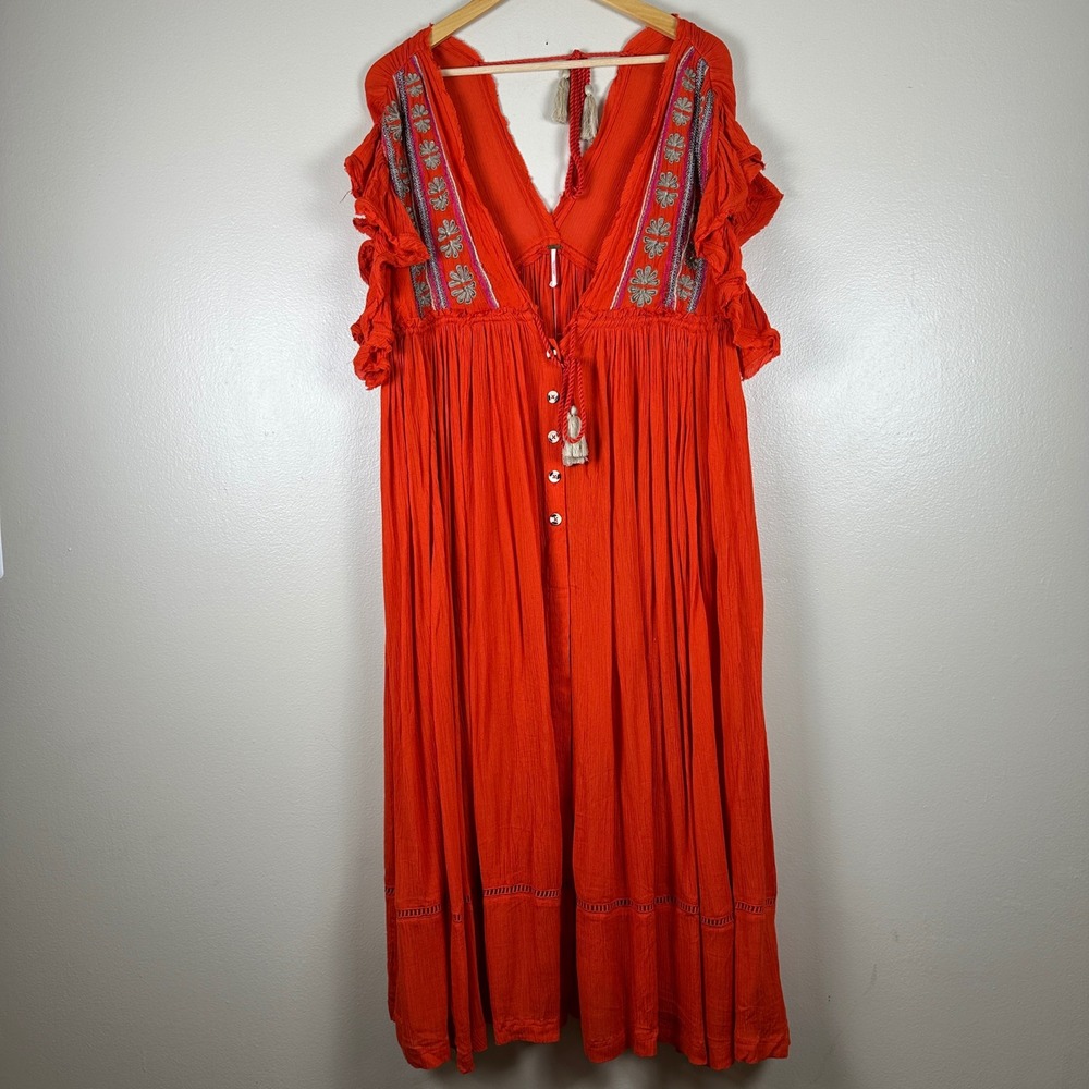 Free People Women's XS Maxi Dress Roaring Red Embroidered Boho Ruffle NEW